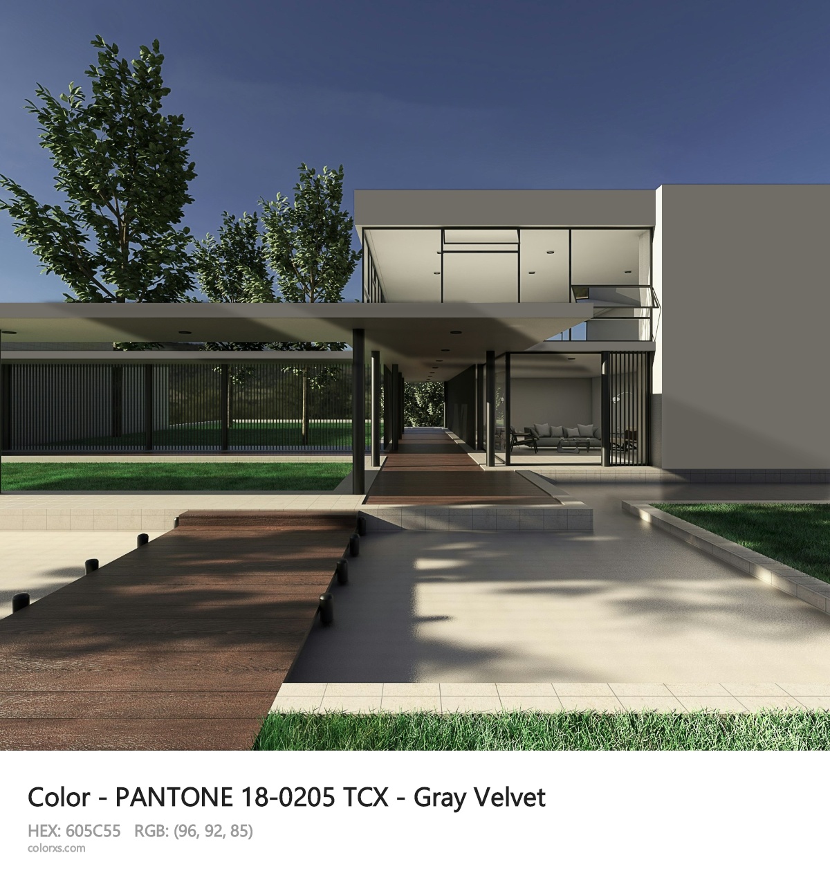 PANTONE 18-0205 TCX - Gray Velvet CMS exterior design modern house with walkway
