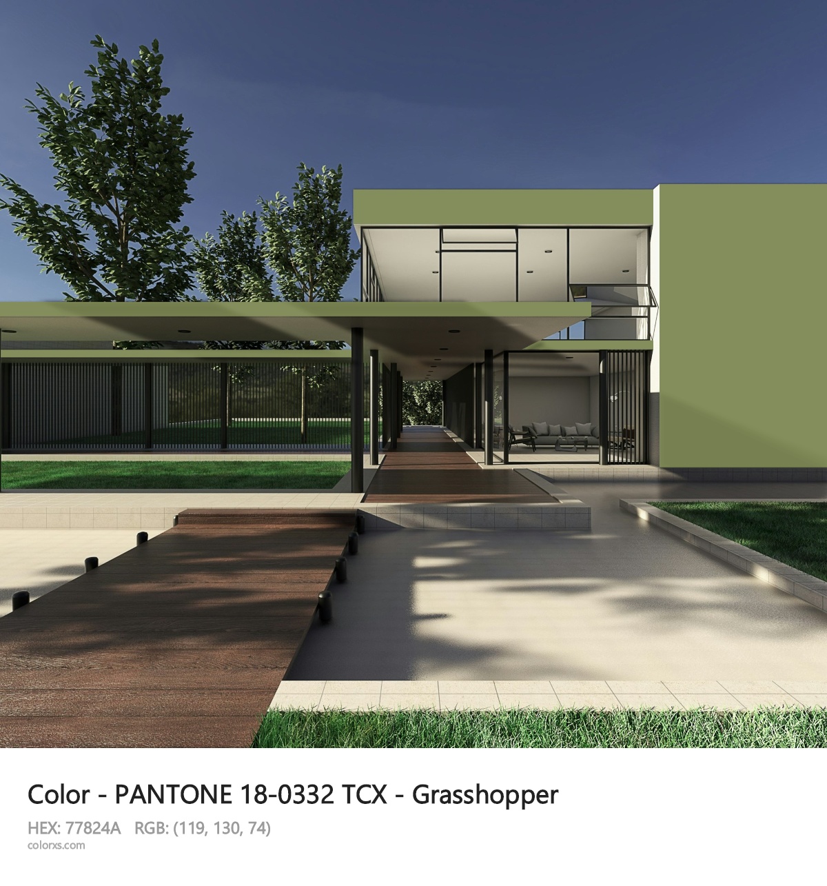 PANTONE 18-0332 TCX - Grasshopper CMS exterior design modern house with walkway