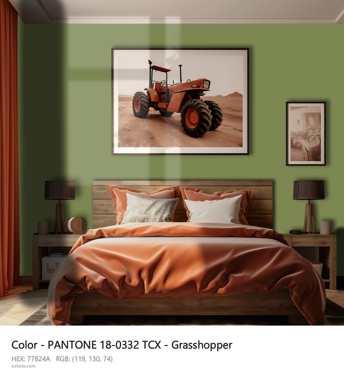 PANTONE 18-0332 TCX - Grasshopper CMS vintage style bedroom interior