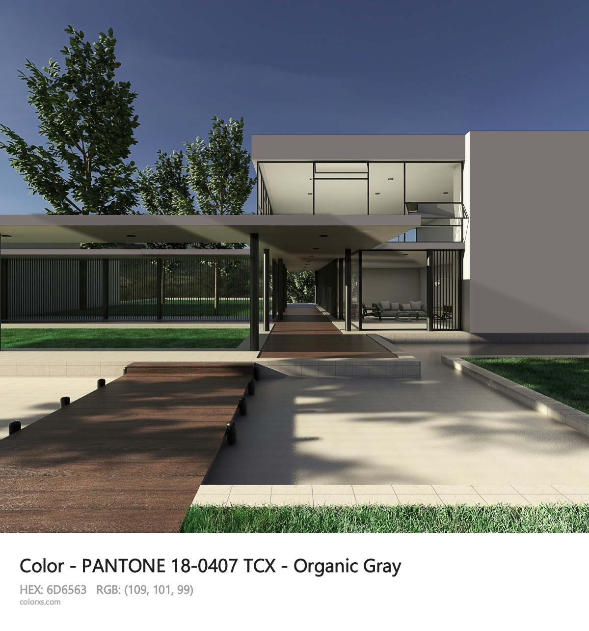 PANTONE 18-0407 TCX - Organic Gray CMS exterior design modern house with walkway