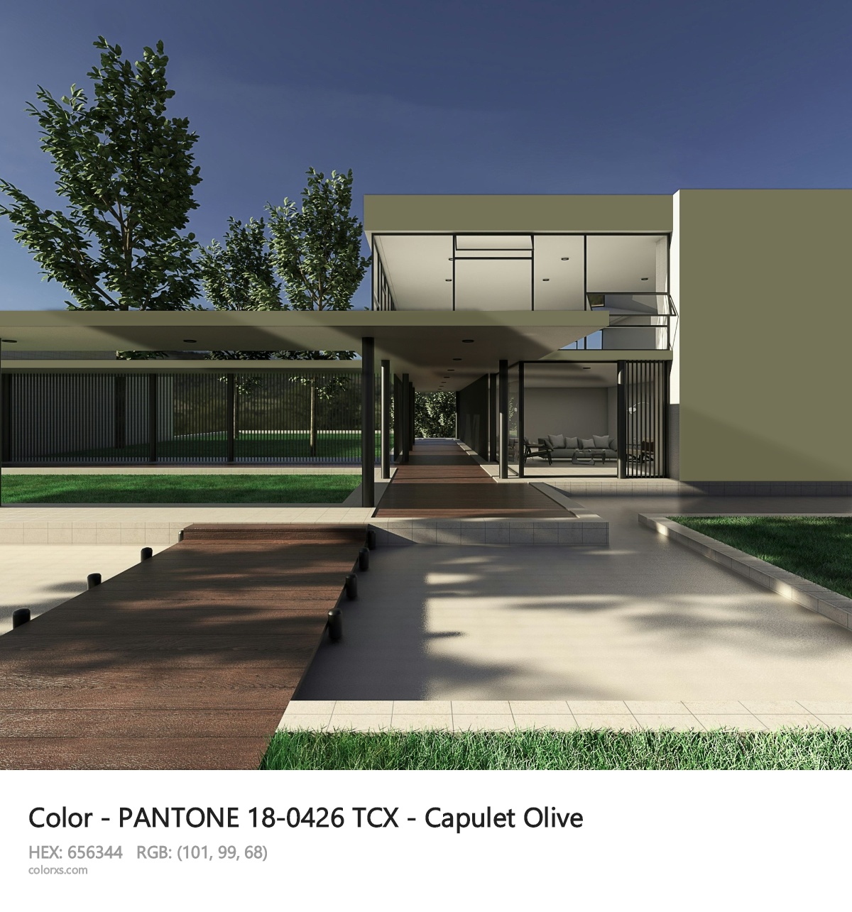 PANTONE 18-0426 TCX - Capulet Olive CMS exterior design modern house with walkway