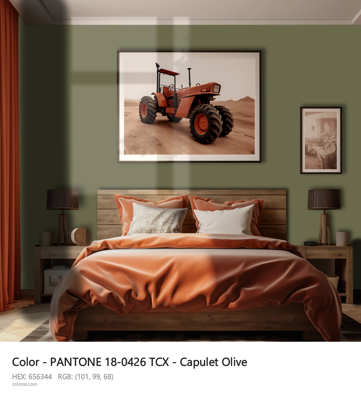 PANTONE 18-0426 TCX - Capulet Olive CMS vintage style bedroom interior
