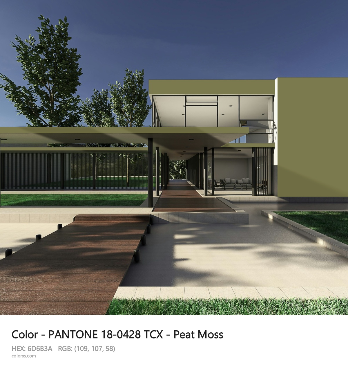 PANTONE 18-0428 TCX - Peat Moss CMS exterior design modern house with walkway