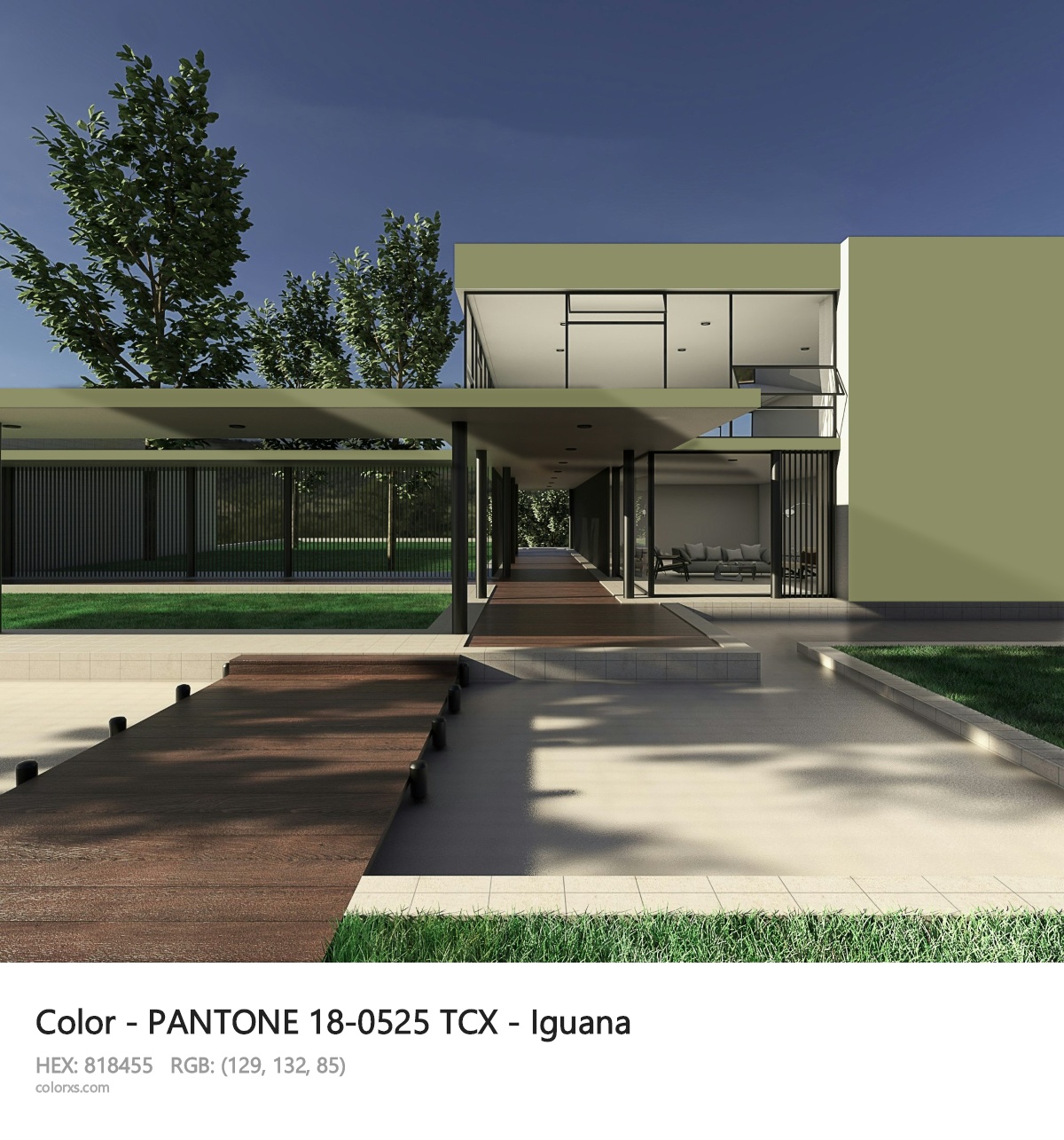 PANTONE 18-0525 TCX - Iguana CMS exterior design modern house with walkway