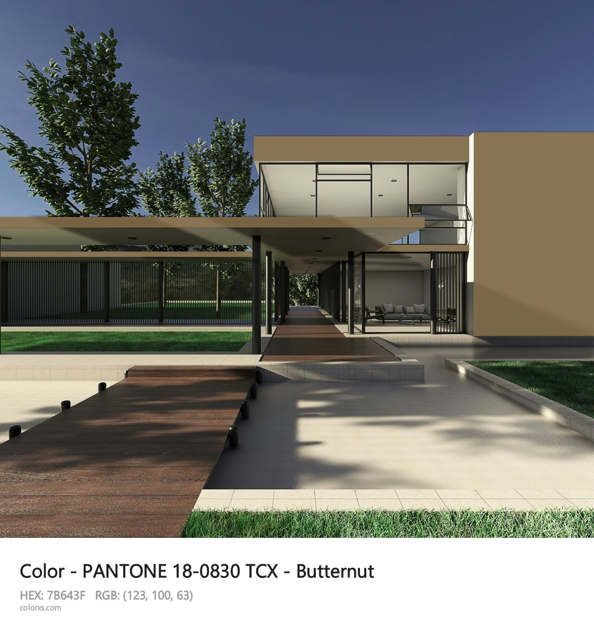 PANTONE 18-0830 TCX - Butternut CMS exterior design modern house with walkway