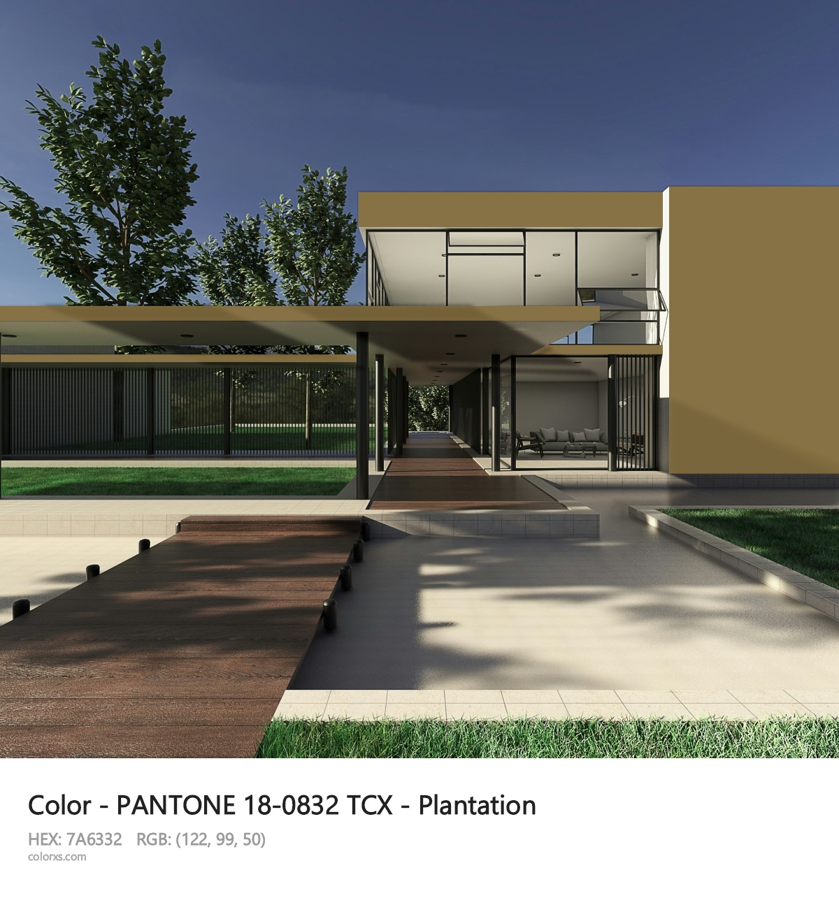 PANTONE 18-0832 TCX - Plantation CMS exterior design modern house with walkway