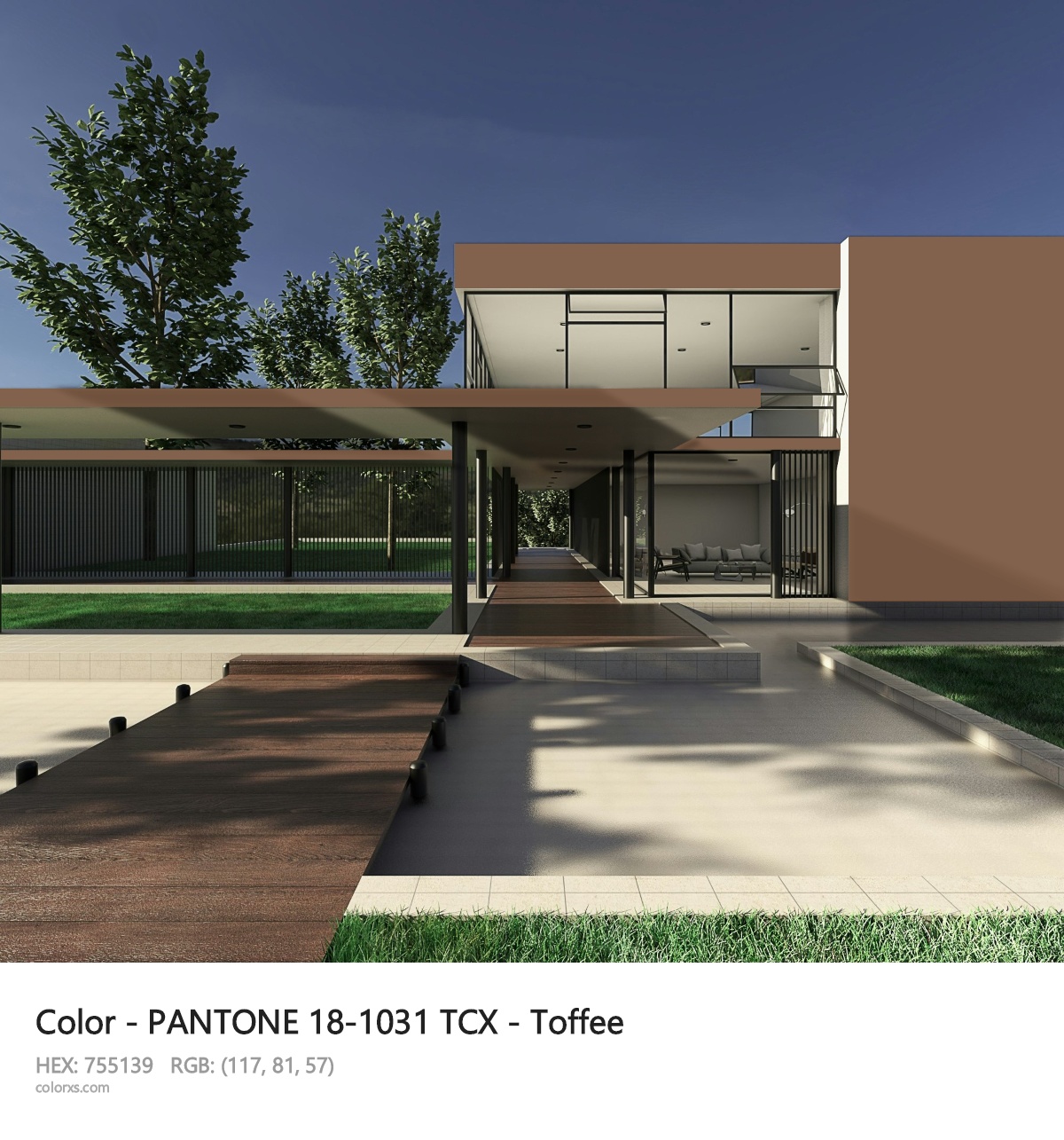 PANTONE 18-1031 TCX - Toffee CMS exterior design modern house with walkway
