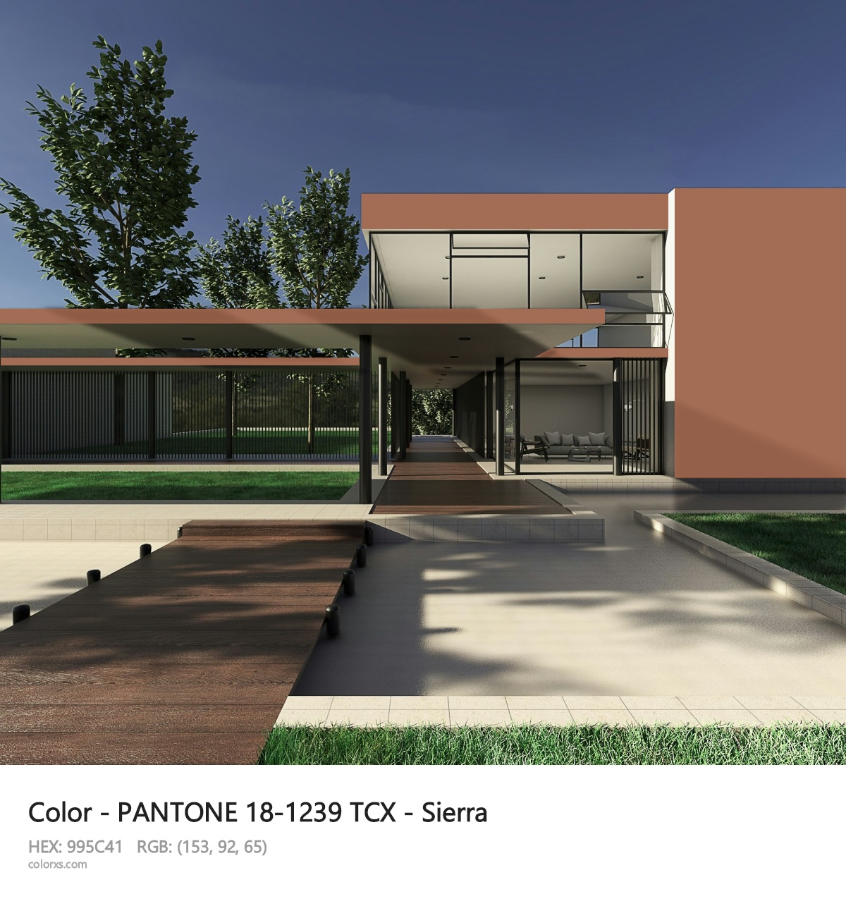 PANTONE 18-1239 TCX - Sierra CMS exterior design modern house with walkway
