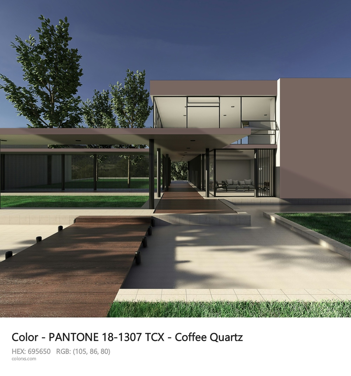 PANTONE 18-1307 TCX - Coffee Quartz CMS exterior design modern house with walkway