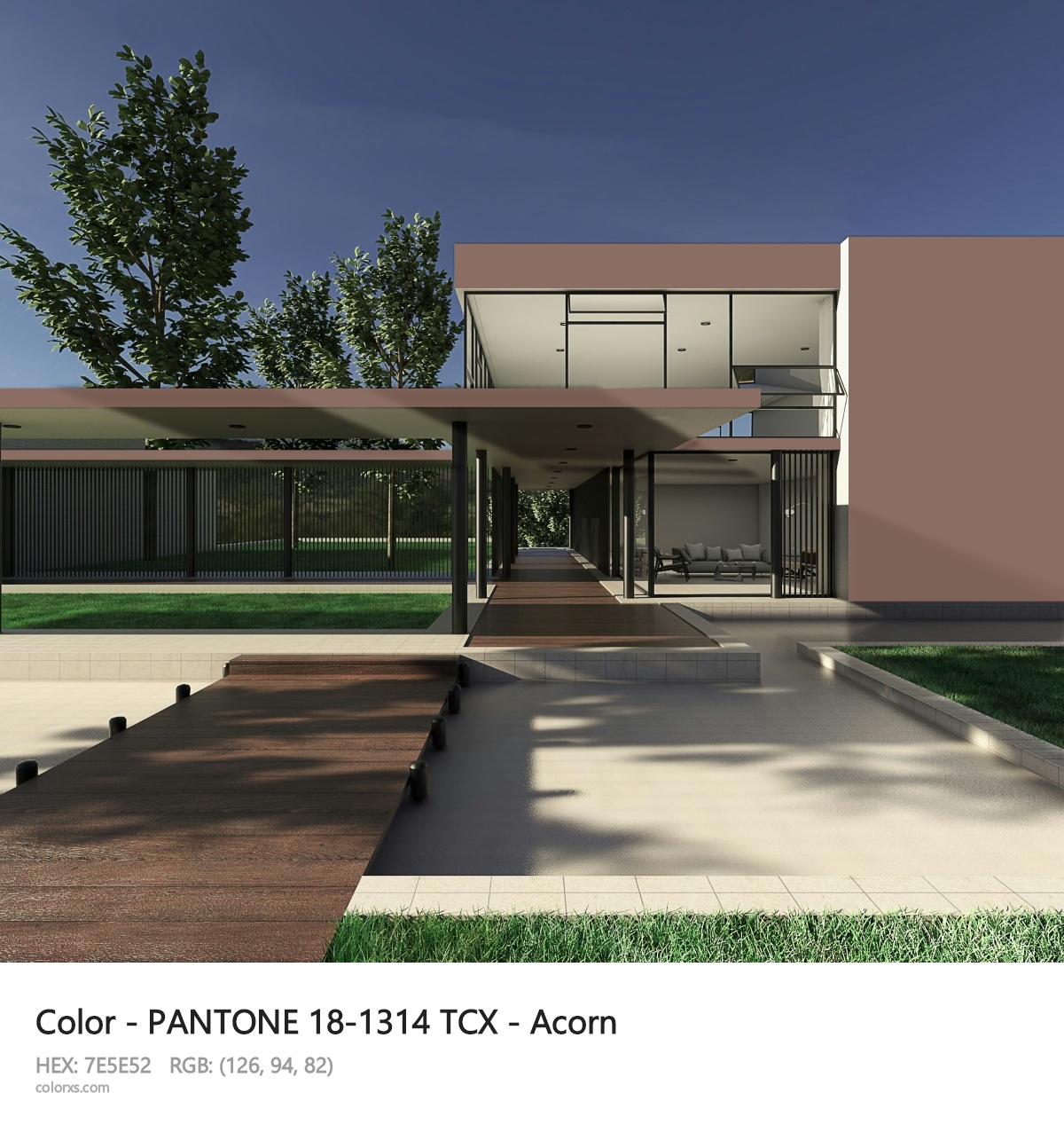 PANTONE 18-1314 TCX - Acorn CMS exterior design modern house with walkway