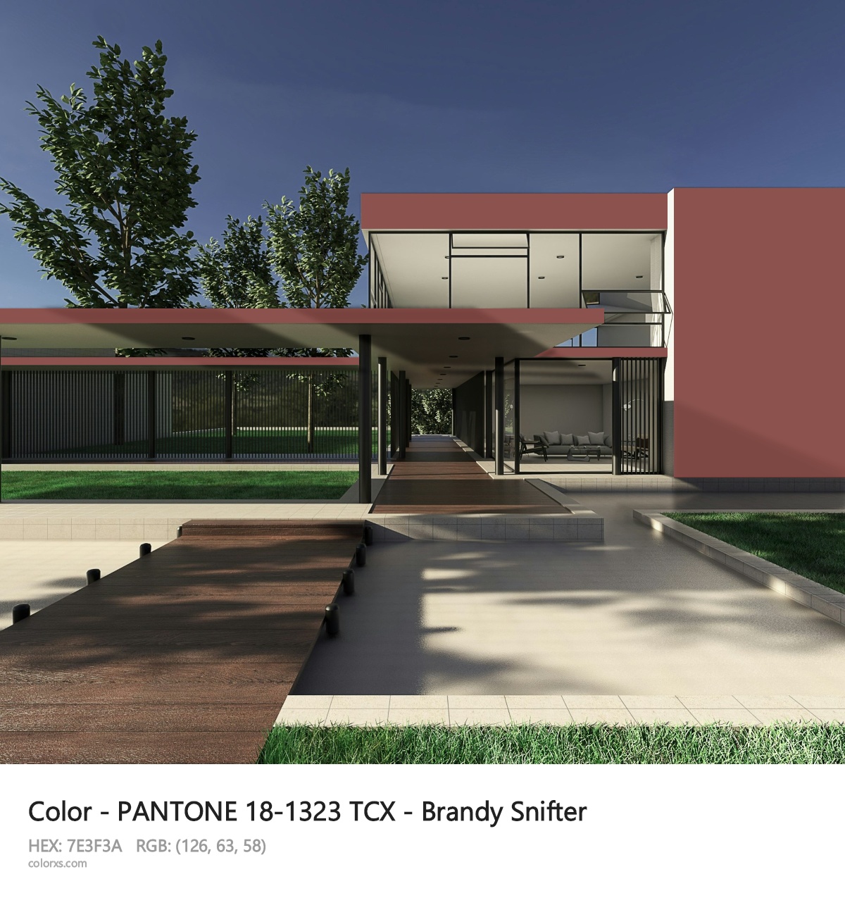 PANTONE 18-1323 TCX - Brandy Snifter CMS exterior design modern house with walkway