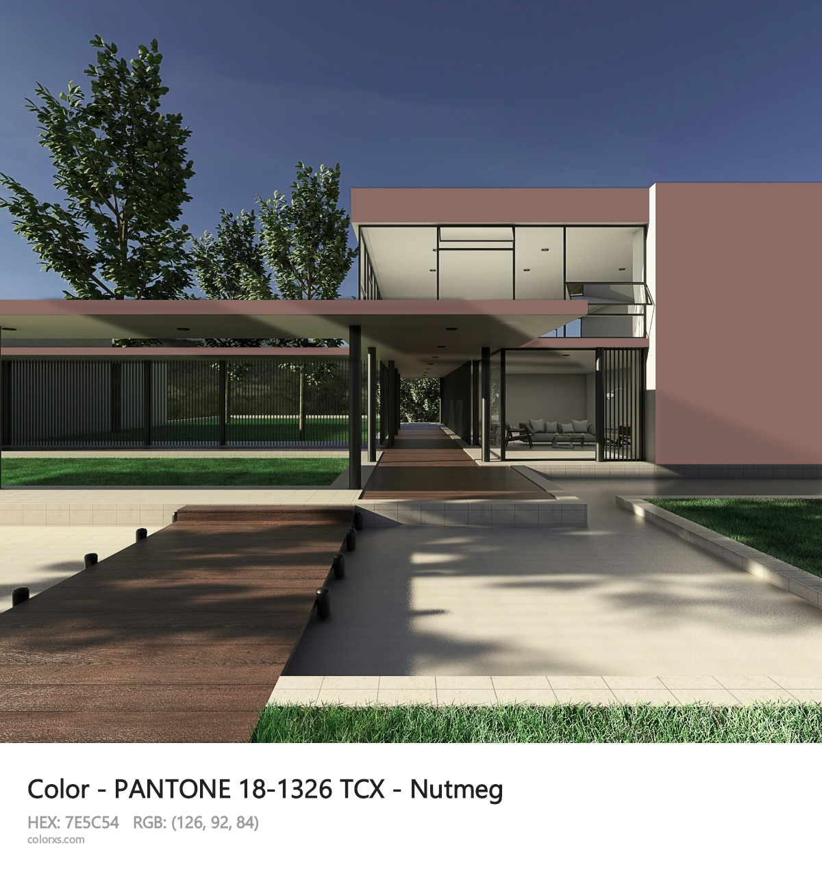 PANTONE 18-1326 TCX - Nutmeg CMS exterior design modern house with walkway