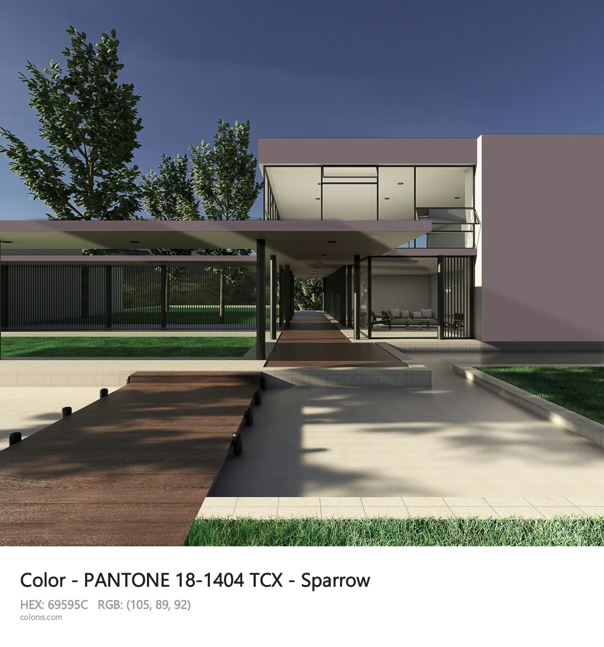 PANTONE 18-1404 TCX - Sparrow CMS exterior design modern house with walkway