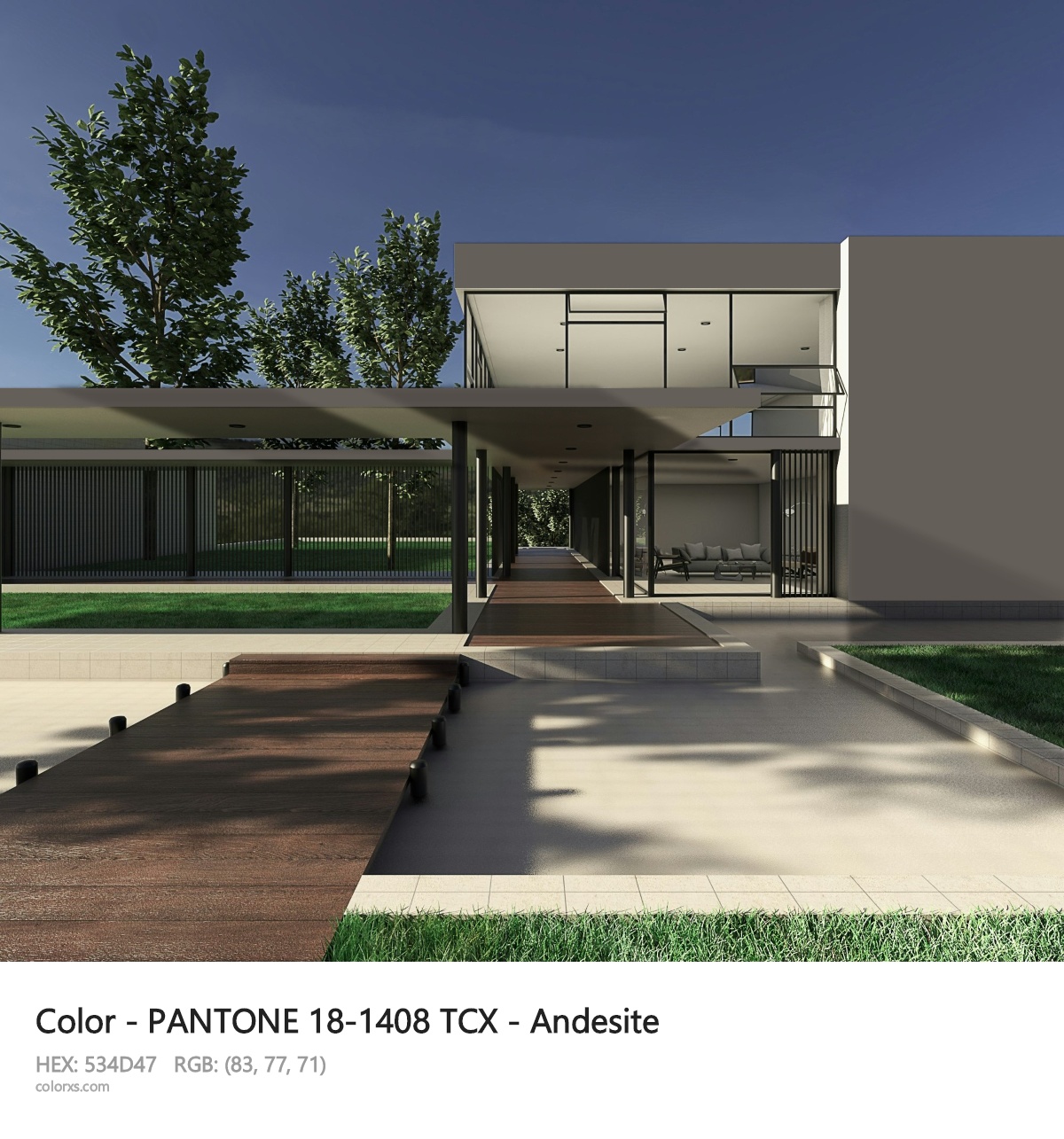 PANTONE 18-1408 TCX - Andesite CMS exterior design modern house with walkway