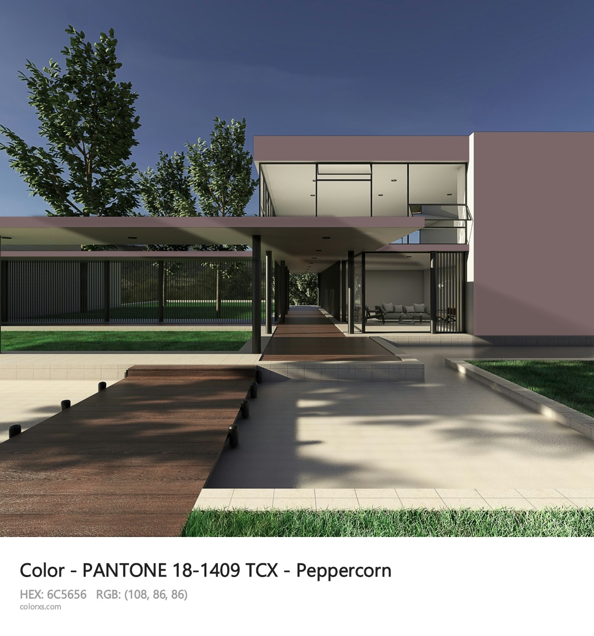 PANTONE 18-1409 TCX - Peppercorn CMS exterior design modern house with walkway