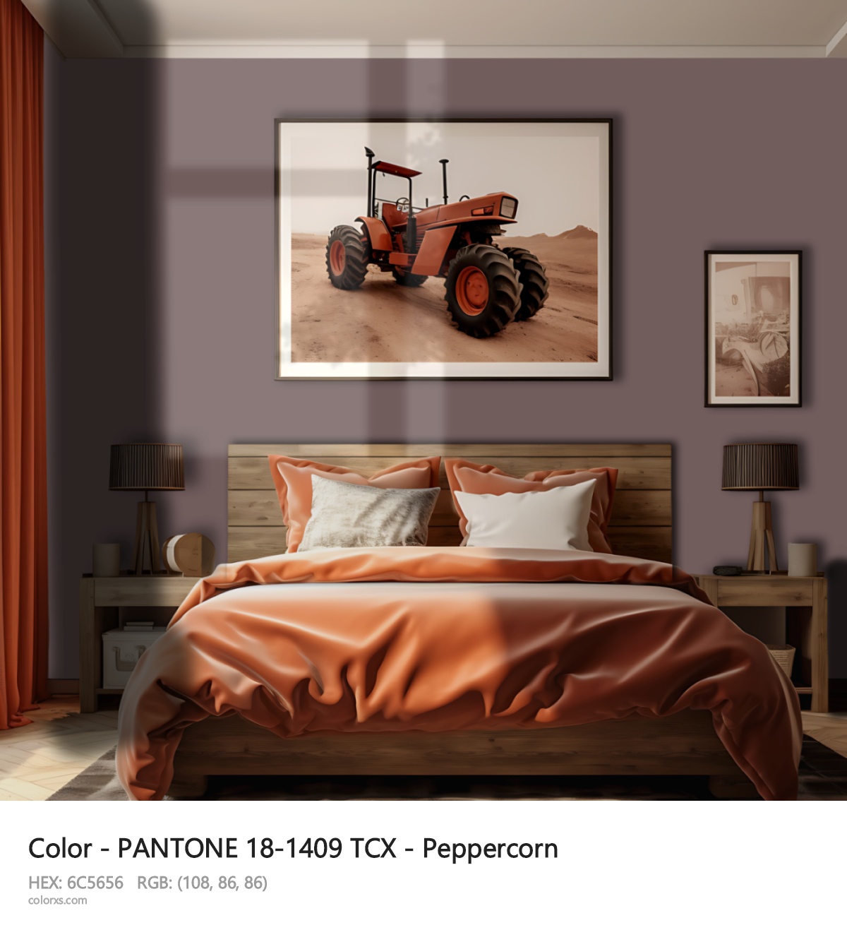 PANTONE 18-1409 TCX - Peppercorn CMS vintage style bedroom interior
