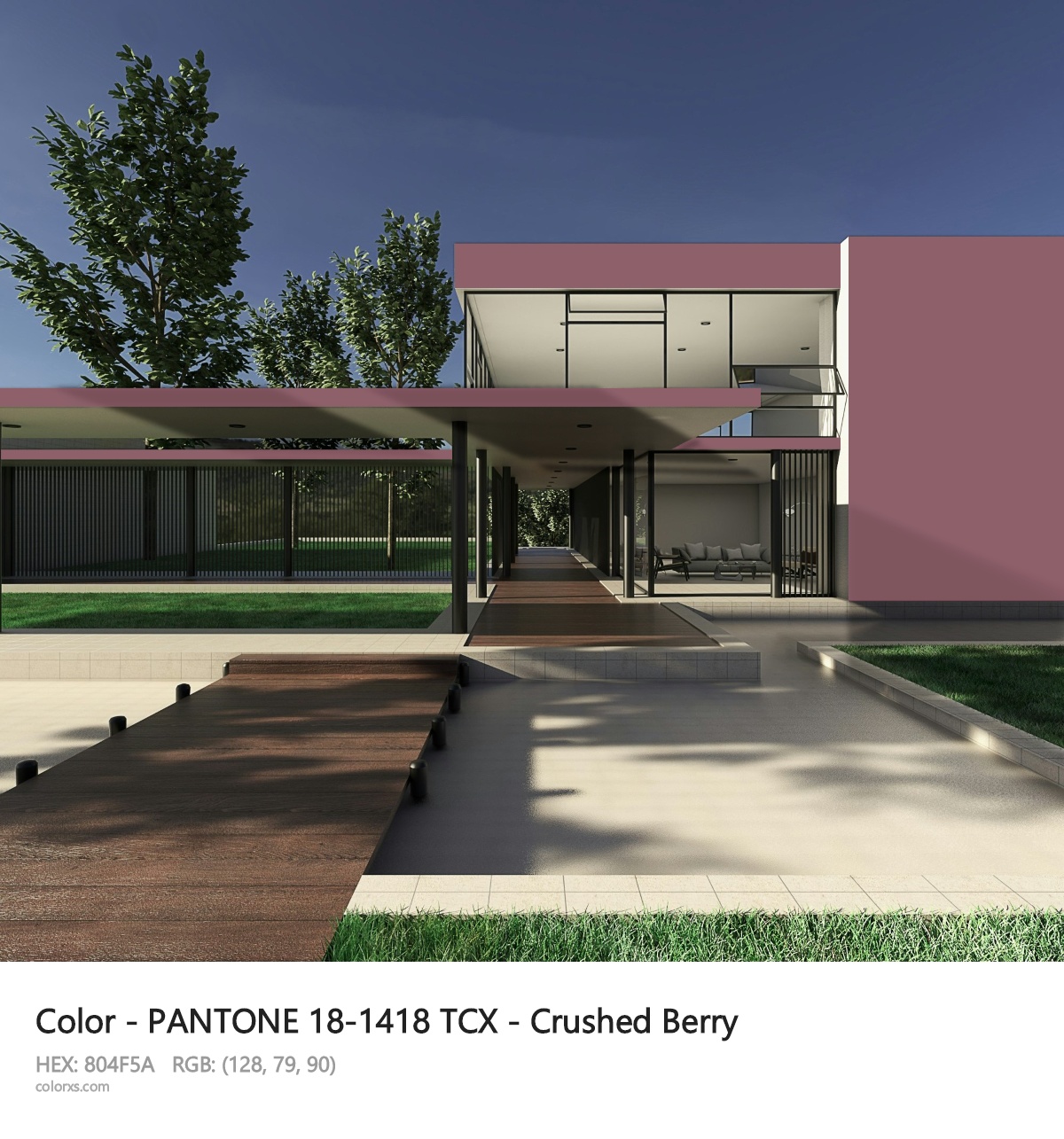 PANTONE 18-1418 TCX - Crushed Berry CMS exterior design modern house with walkway