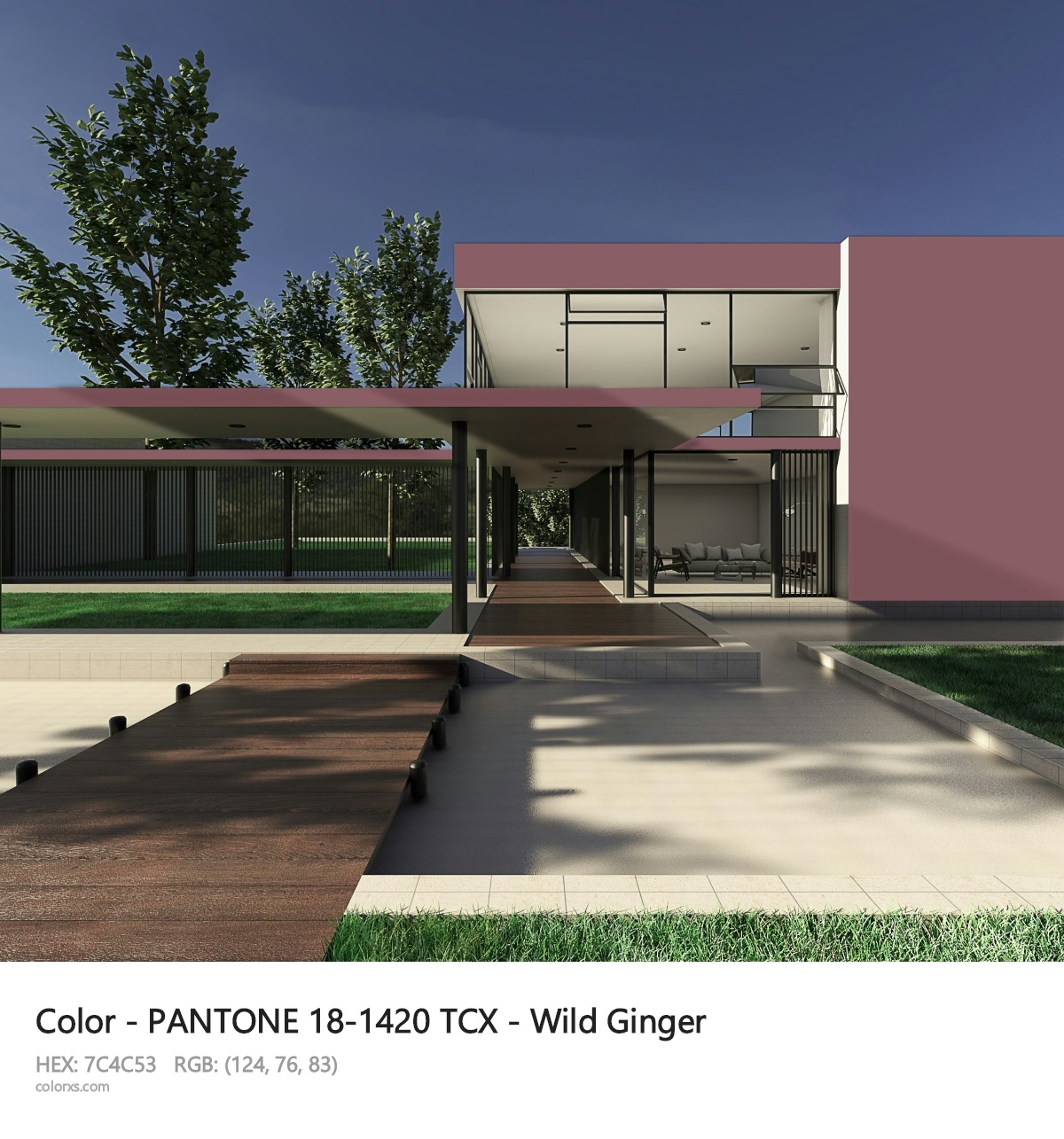PANTONE 18-1420 TCX - Wild Ginger CMS exterior design modern house with walkway