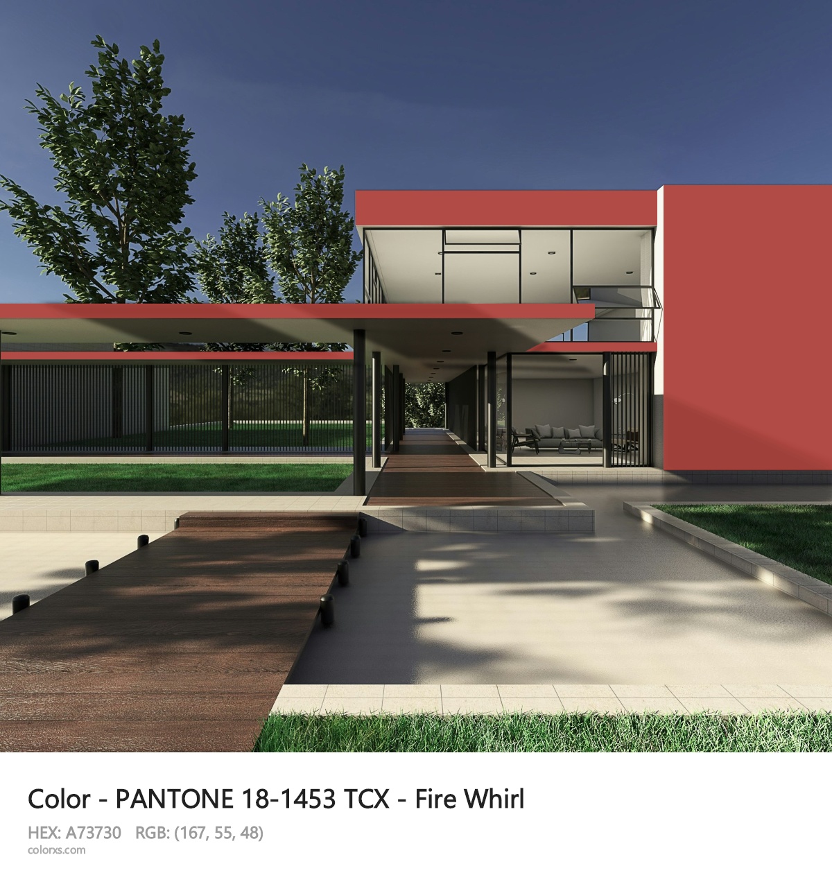 PANTONE 18-1453 TCX - Fire Whirl CMS exterior design modern house with walkway