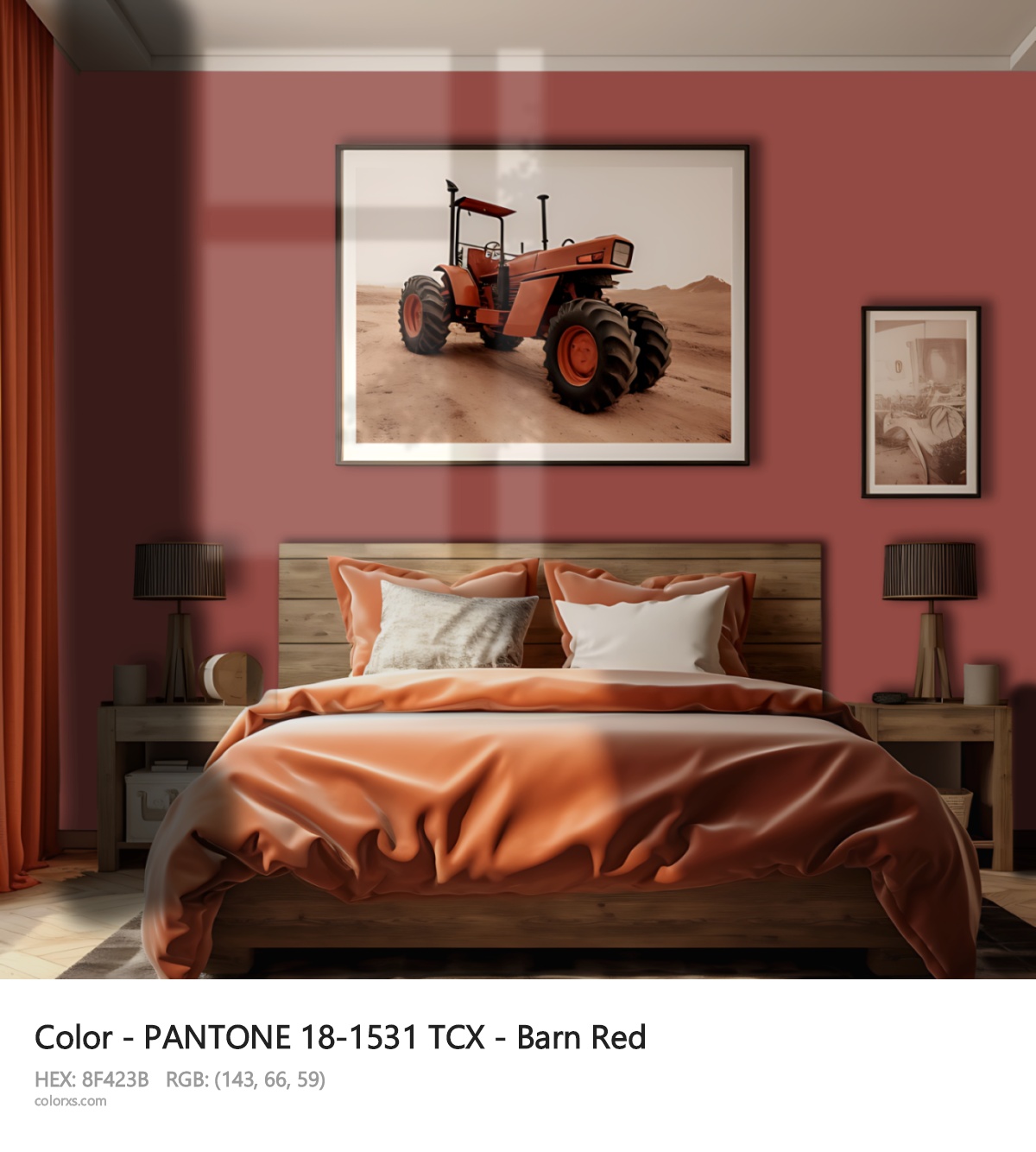 PANTONE 18-1531 TCX - Barn Red CMS vintage style bedroom interior