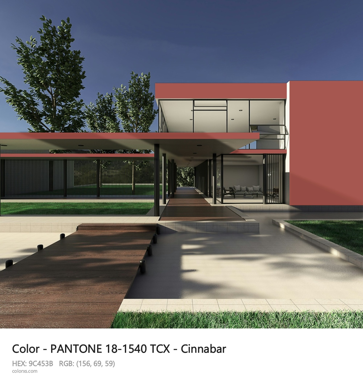 PANTONE 18-1540 TCX - Cinnabar CMS exterior design modern house with walkway