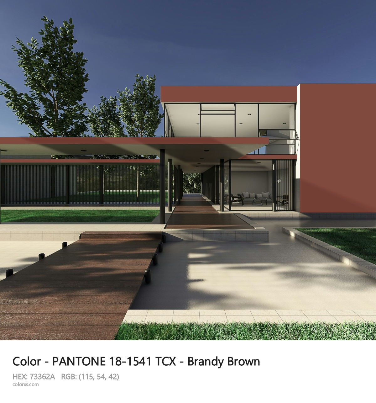 PANTONE 18-1541 TCX - Brandy Brown CMS exterior design modern house with walkway