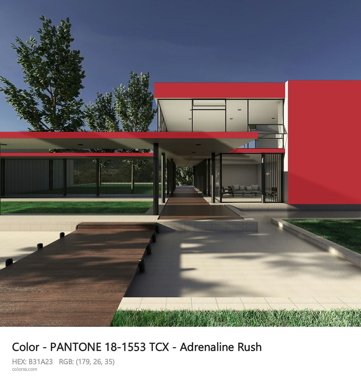 PANTONE 18-1553 TCX - Adrenaline Rush CMS exterior design modern house with walkway