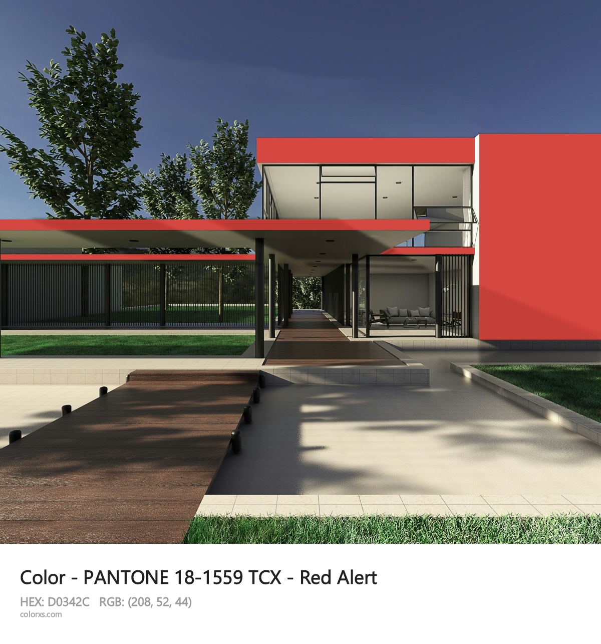 PANTONE 18-1559 TCX - Red Alert CMS exterior design modern house with walkway