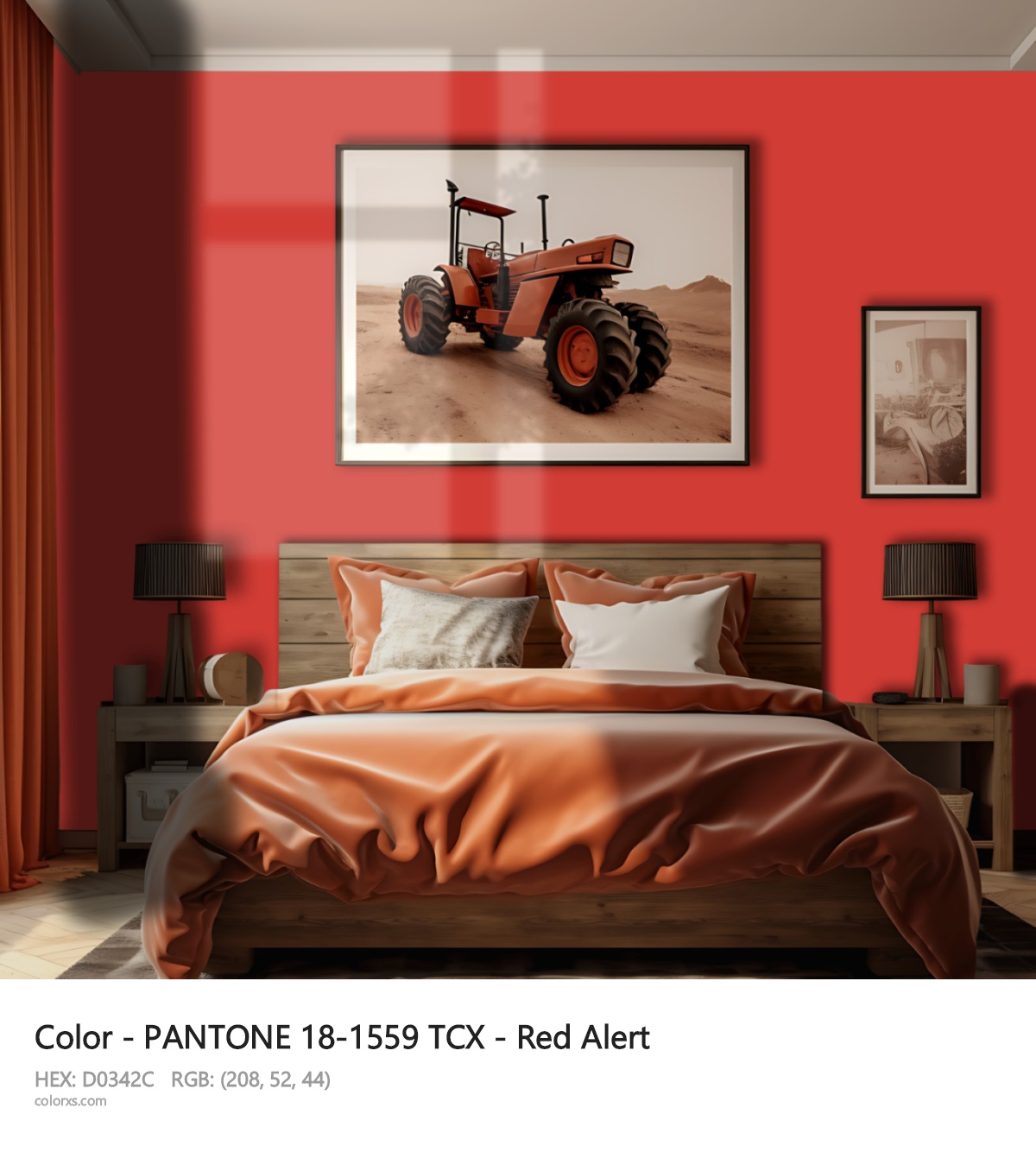 PANTONE 18-1559 TCX - Red Alert CMS vintage style bedroom interior