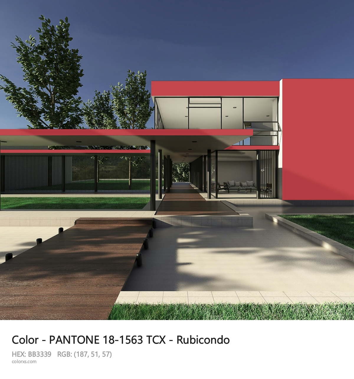 PANTONE 18-1563 TCX - Rubicondo CMS exterior design modern house with walkway
