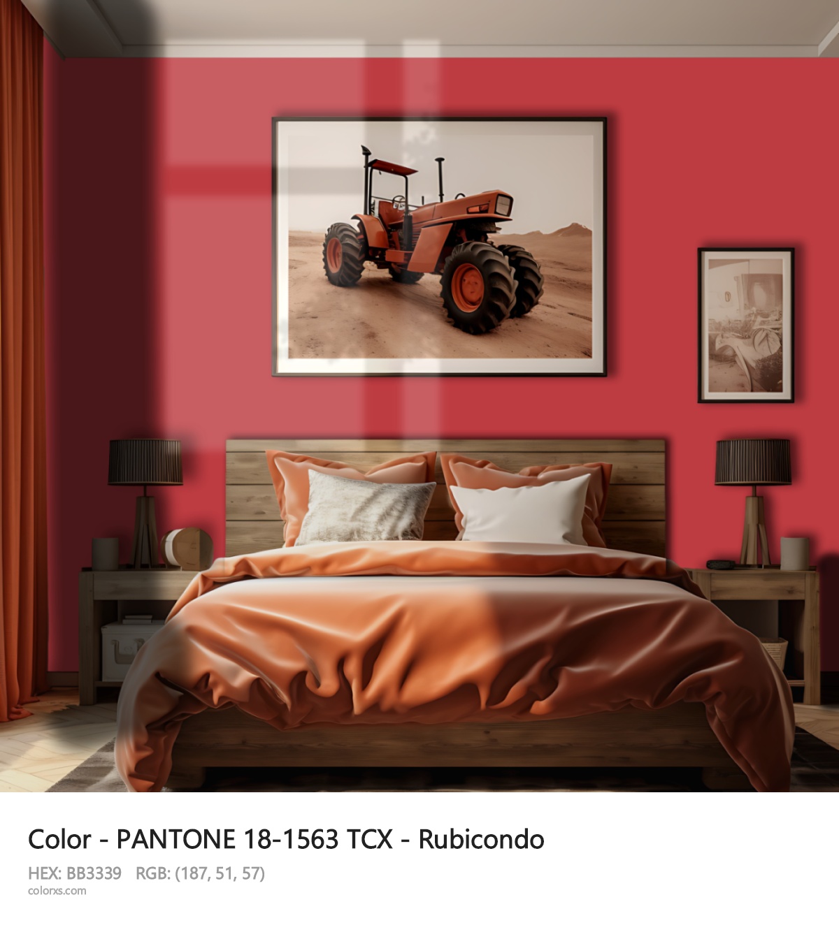PANTONE 18-1563 TCX - Rubicondo CMS vintage style bedroom interior