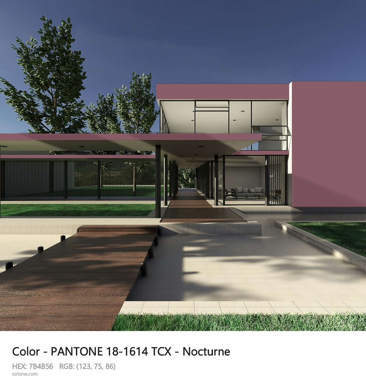 PANTONE 18-1614 TCX - Nocturne CMS exterior design modern house with walkway