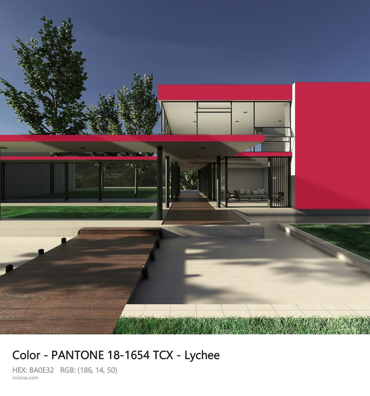PANTONE 18-1654 TCX - Lychee CMS exterior design modern house with walkway