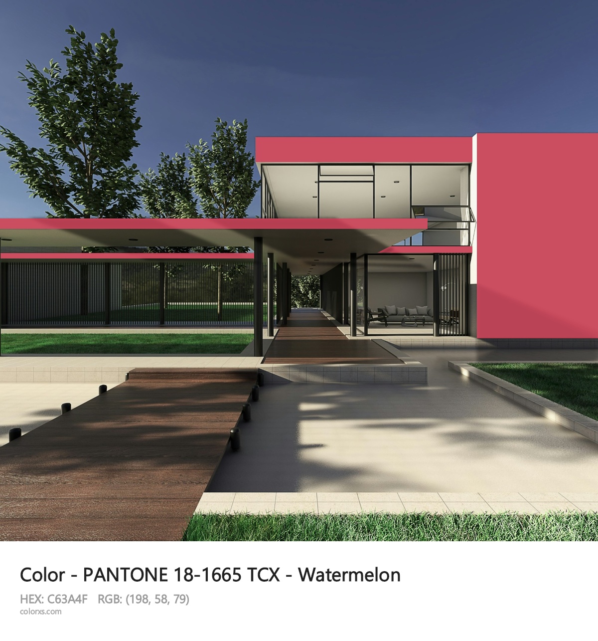 PANTONE 18-1665 TCX - Watermelon CMS exterior design modern house with walkway