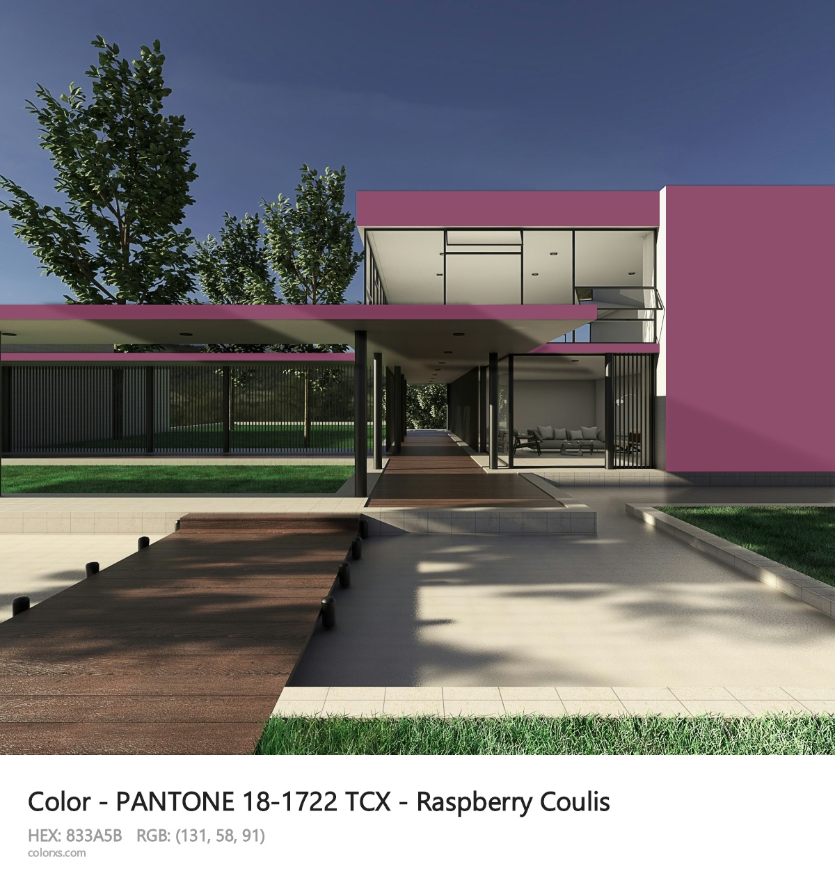 PANTONE 18-1722 TCX - Raspberry Coulis CMS exterior design modern house with walkway