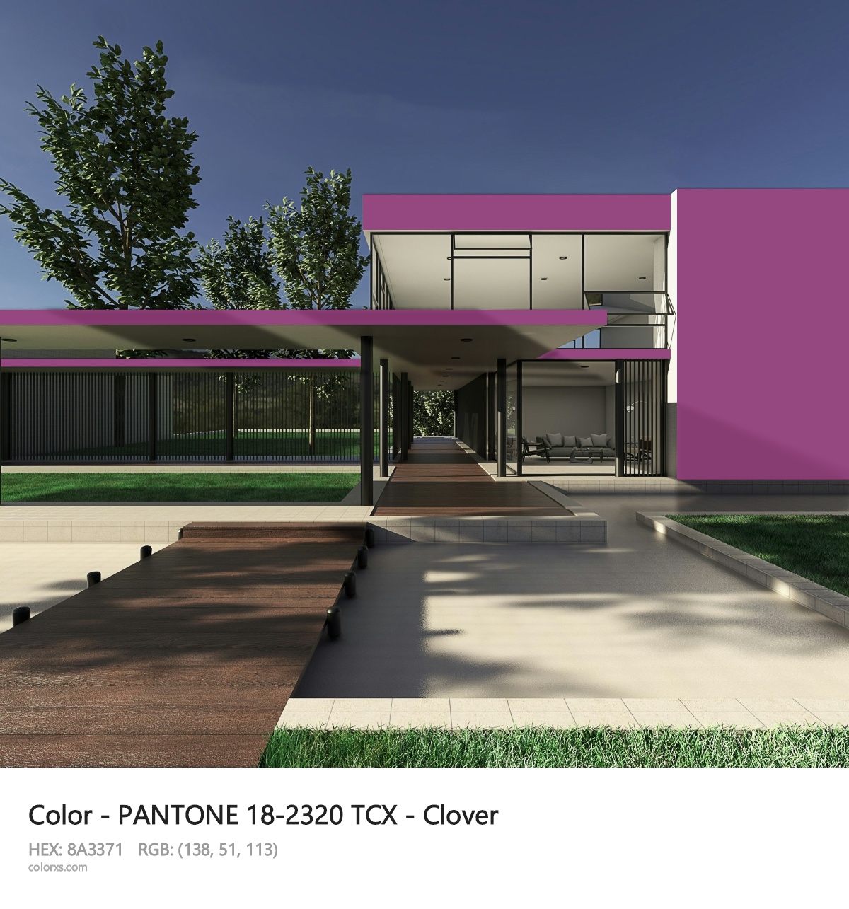 PANTONE 18-2320 TCX - Clover CMS exterior design modern house with walkway