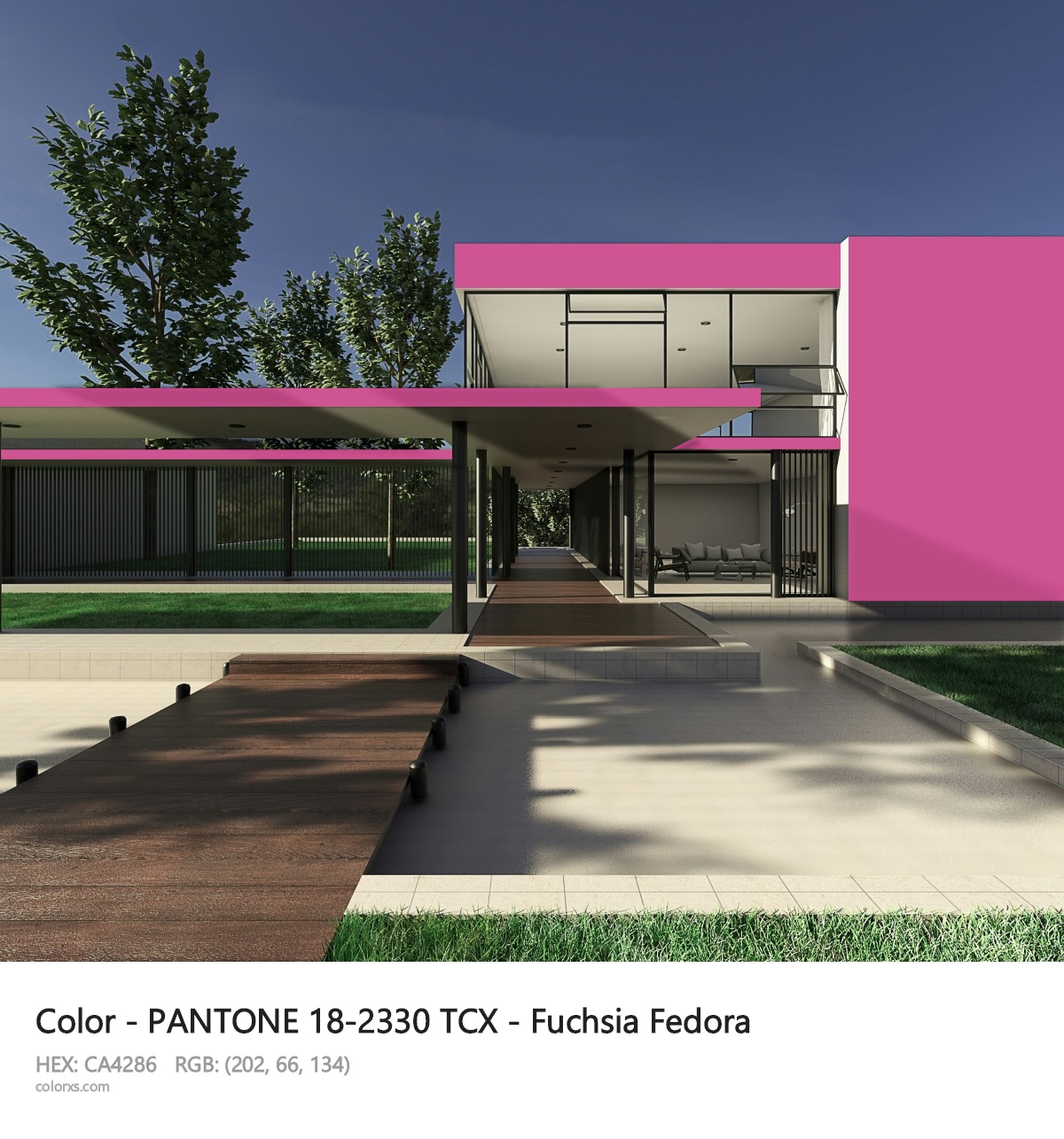 PANTONE 18-2330 TCX - Fuchsia Fedora CMS exterior design modern house with walkway