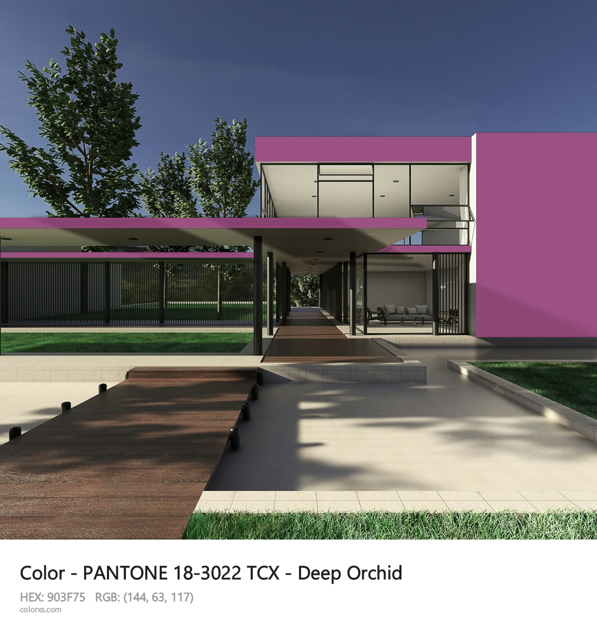 PANTONE 18-3022 TCX - Deep Orchid CMS exterior design modern house with walkway