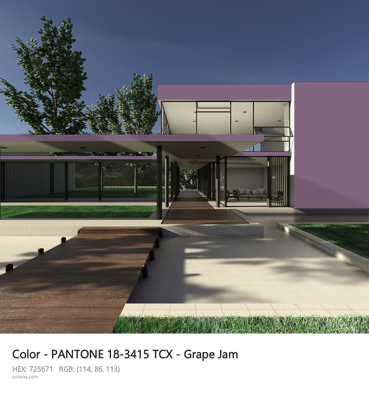 PANTONE 18-3415 TCX - Grape Jam CMS exterior design modern house with walkway
