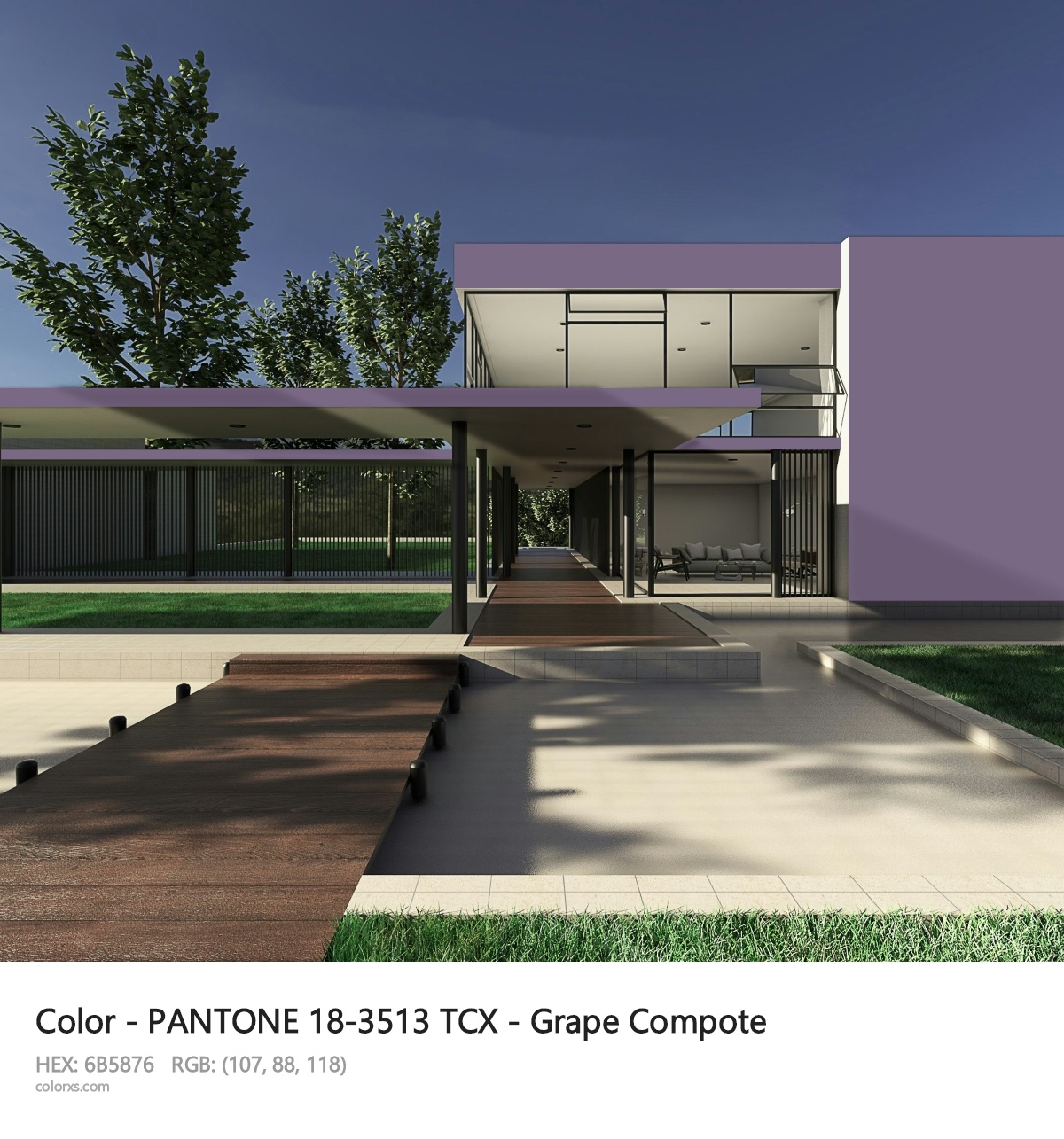 PANTONE 18-3513 TCX - Grape Compote CMS exterior design modern house with walkway