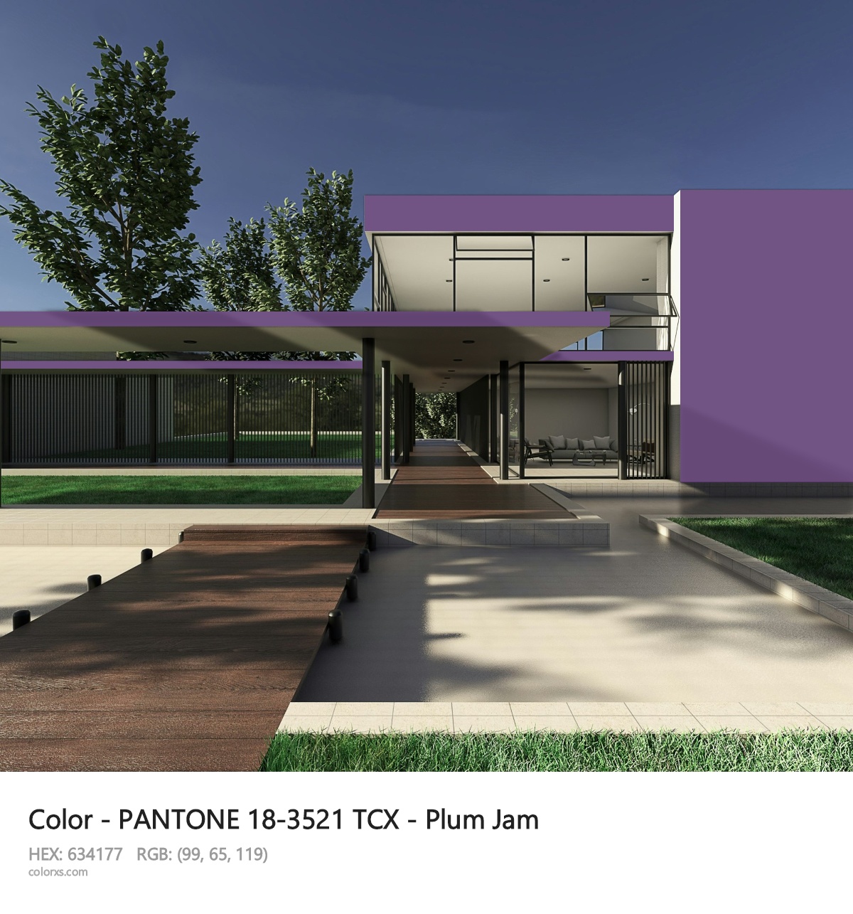 PANTONE 18-3521 TCX - Plum Jam CMS exterior design modern house with walkway