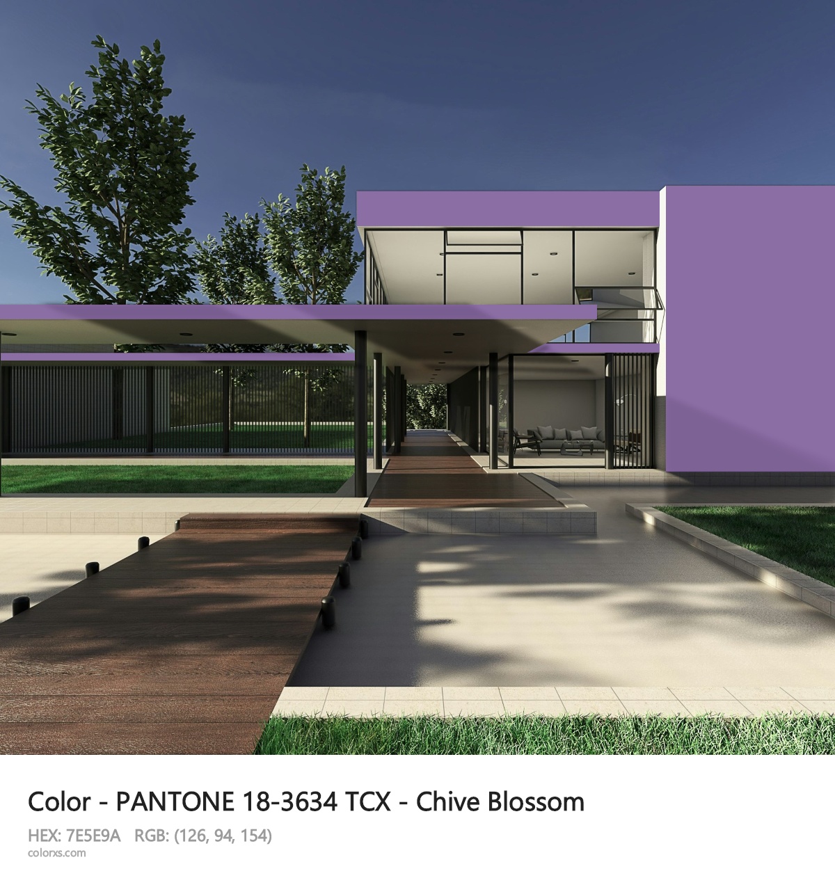 PANTONE 18-3634 TCX - Chive Blossom CMS exterior design modern house with walkway