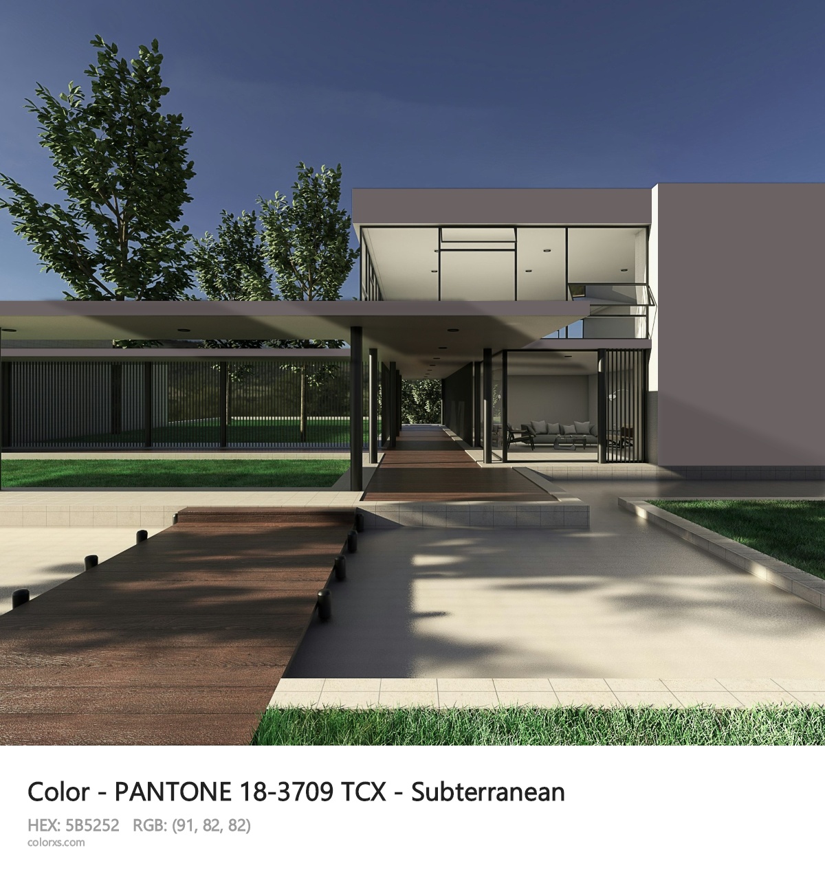 PANTONE 18-3709 TCX - Subterranean CMS exterior design modern house with walkway