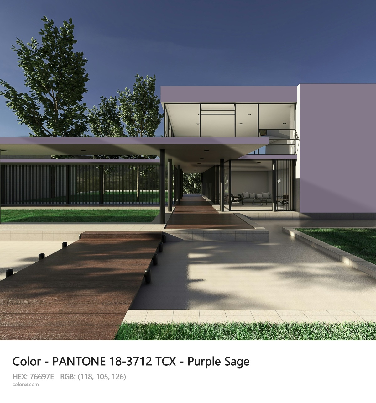 PANTONE 18-3712 TCX - Purple Sage CMS exterior design modern house with walkway