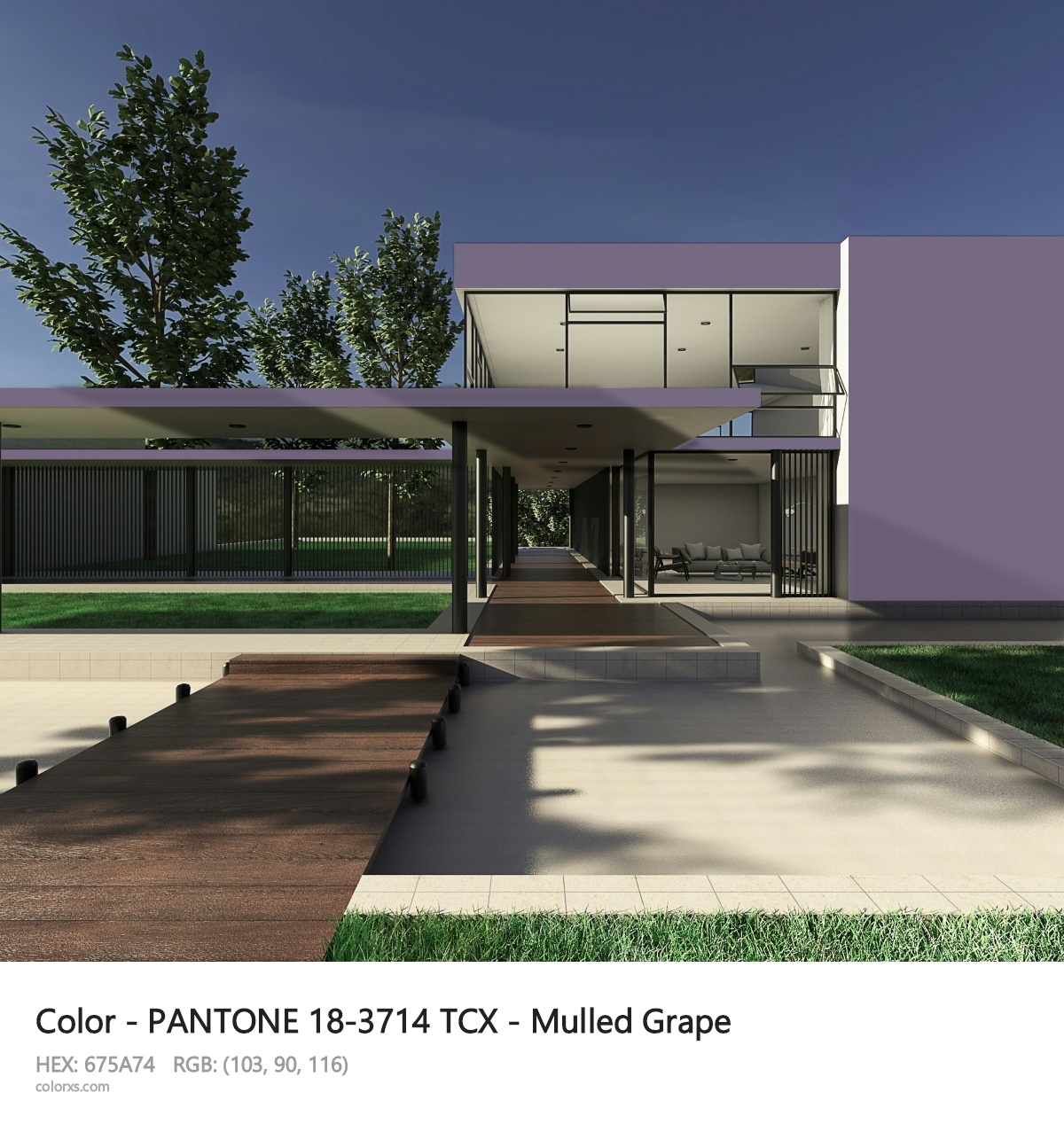 PANTONE 18-3714 TCX - Mulled Grape CMS exterior design modern house with walkway