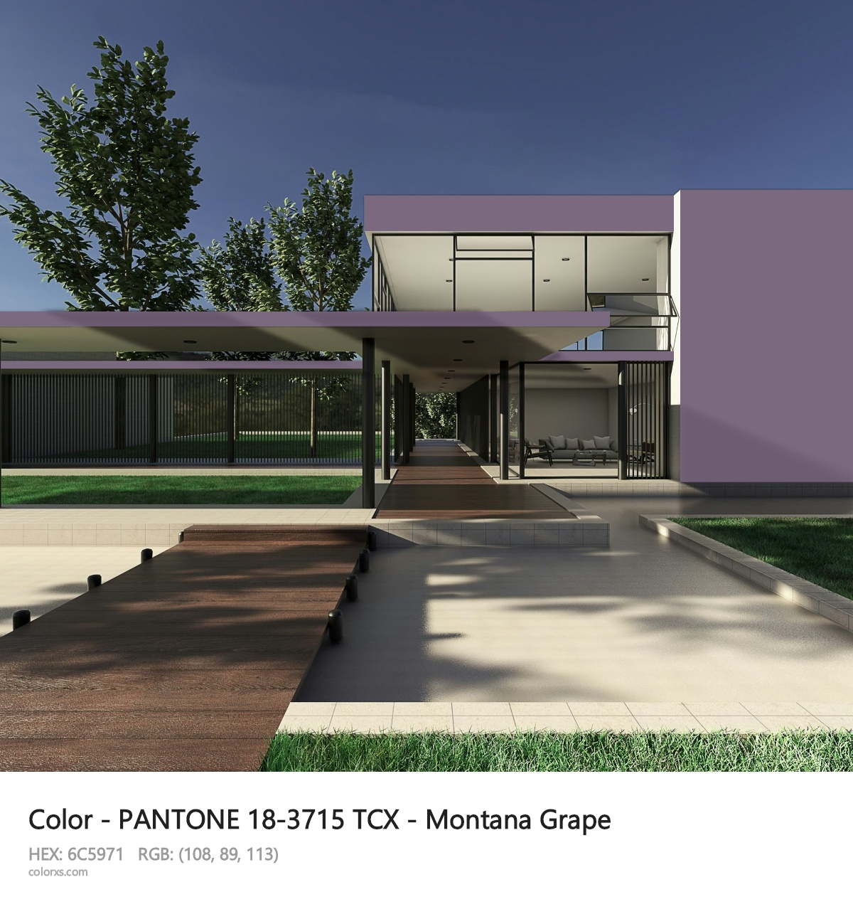 PANTONE 18-3715 TCX - Montana Grape CMS exterior design modern house with walkway