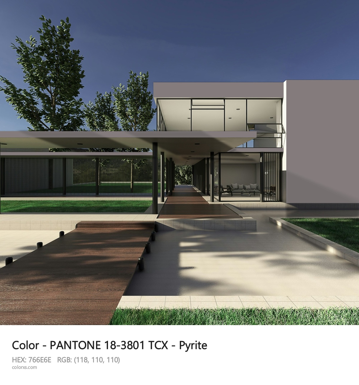 PANTONE 18-3801 TCX - Pyrite CMS exterior design modern house with walkway