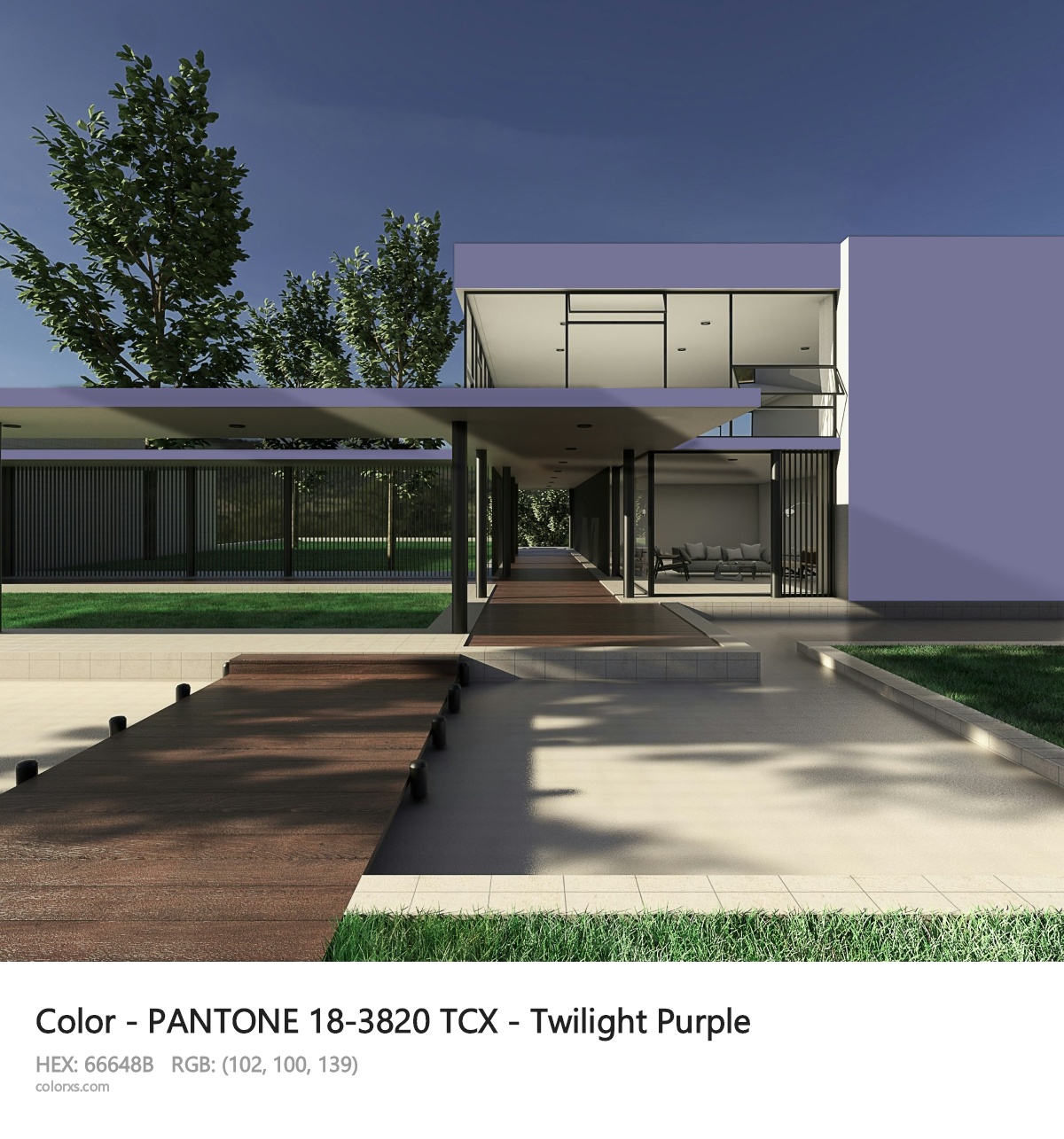 PANTONE 18-3820 TCX - Twilight Purple CMS exterior design modern house with walkway