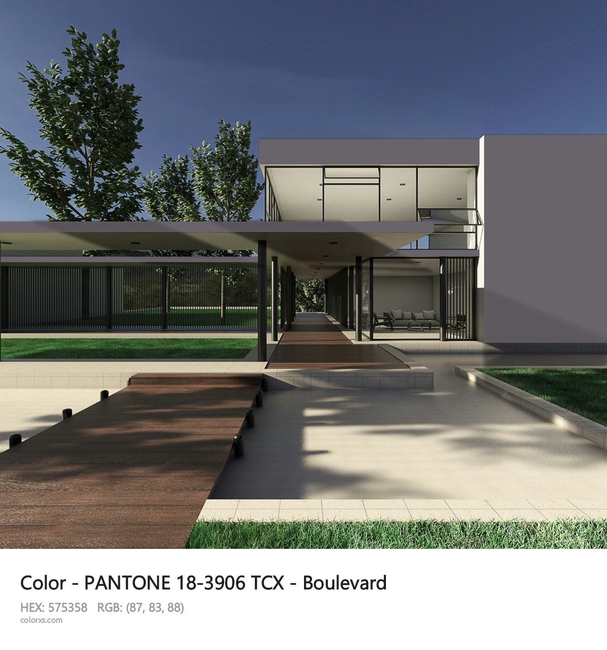 PANTONE 18-3906 TCX - Boulevard CMS exterior design modern house with walkway