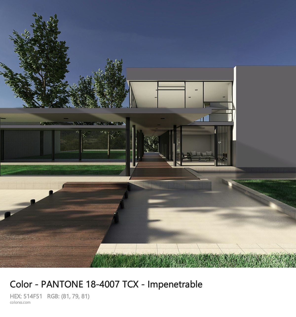 PANTONE 18-4007 TCX - Impenetrable CMS exterior design modern house with walkway